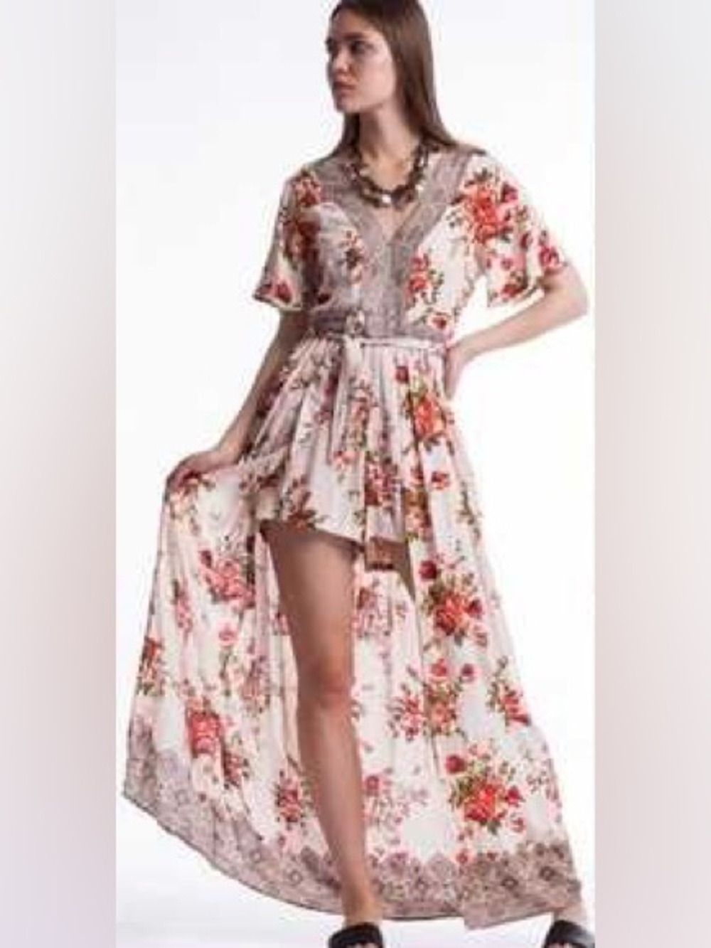 Angie Cream Floral V-Neck Wide-Leg Jumpsuit with Pink & Green Print